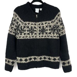 Hand‎ Knit Womens 100% Wool Jacket L Black Nordic Fair Isle Snowflake Alpine